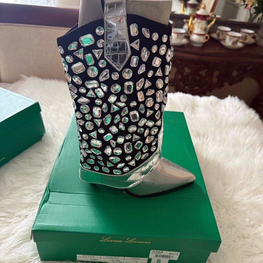 Crystal-Embellished Black and Silver Heeled Boot